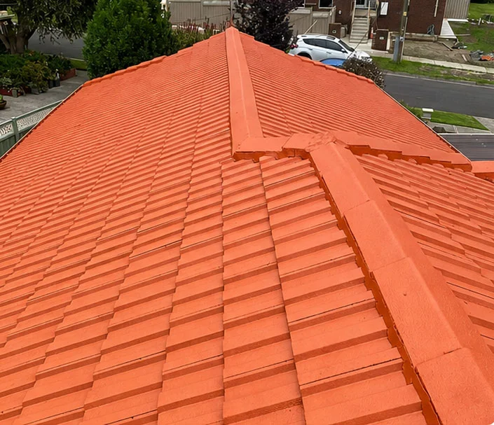 Same roof after cleaning and recoating the tiles and ridge capping in a bright terracotta finish