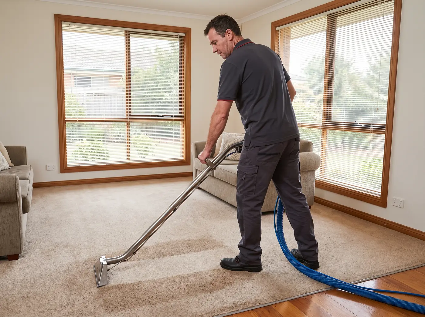 Technician steam cleaning the carpet of a Melbourne living room