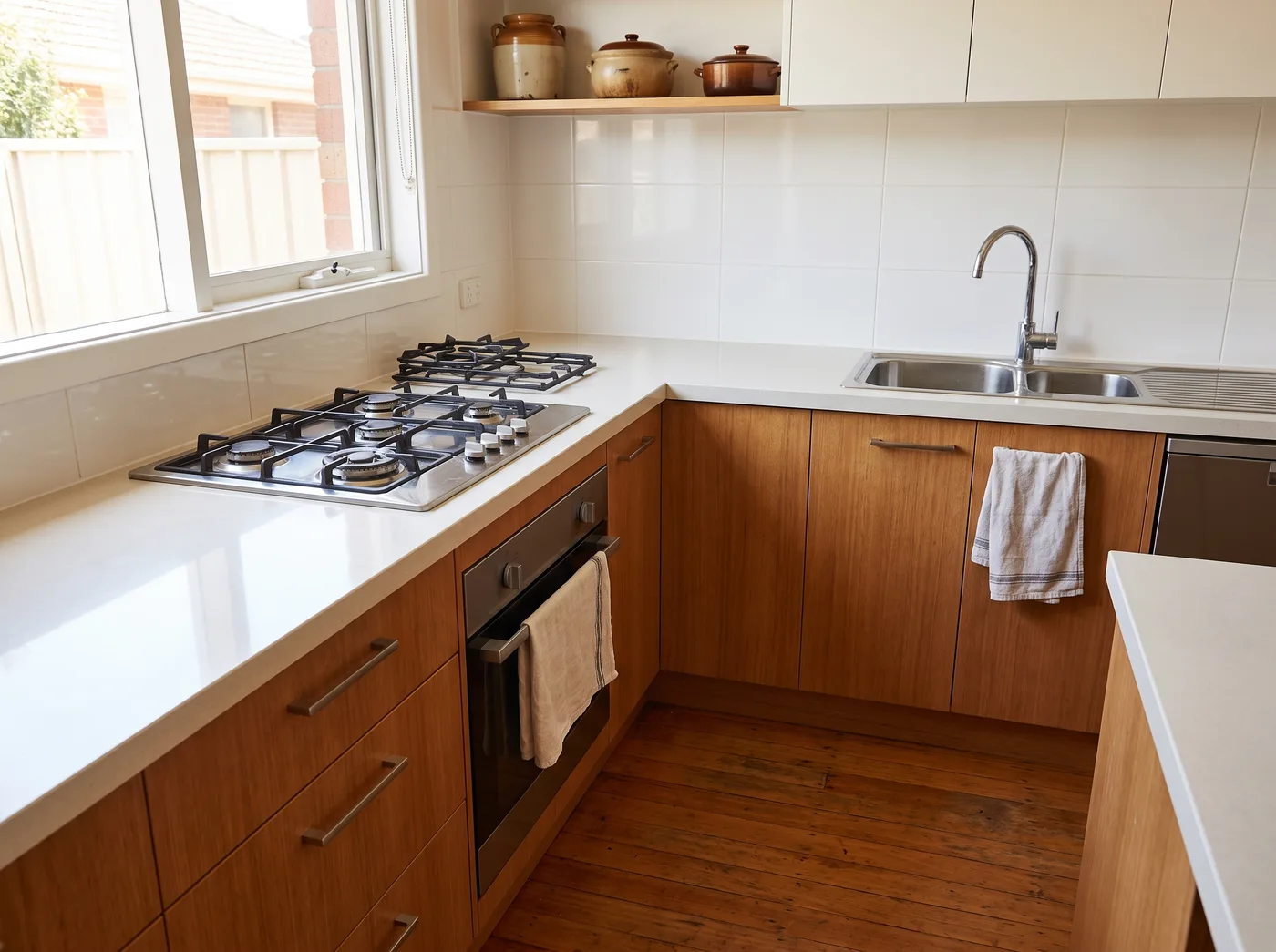 Melbourne kitchen with clear, freshly cleaned benchtops and a spotless splashback