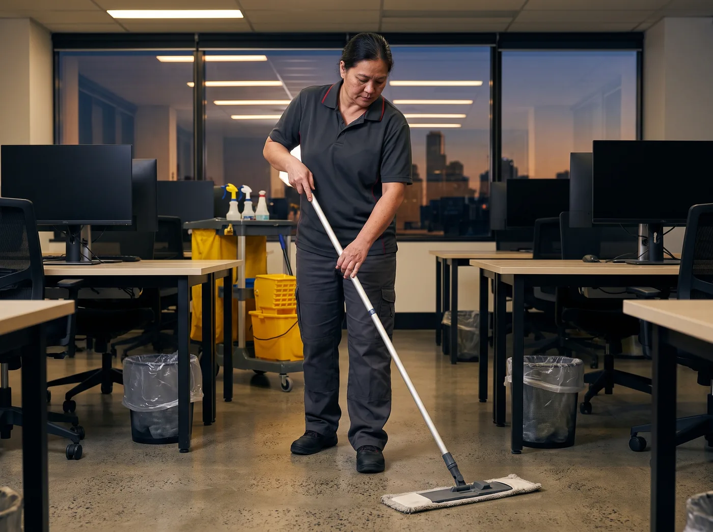 Commercial cleaner mopping the floor of a small Melbourne office after hours