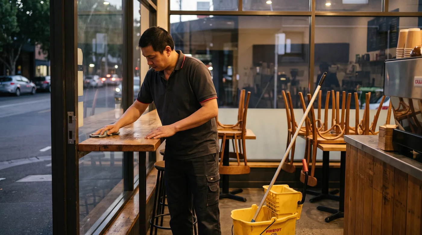 Cleaner servicing the counter area of a small Melbourne business