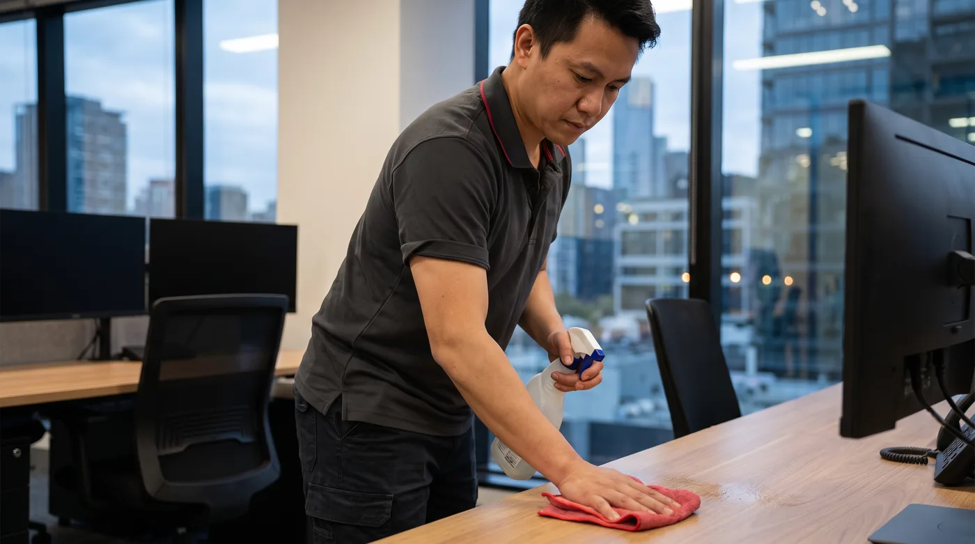 Cleaner sanitising desks in a small Melbourne office after hours