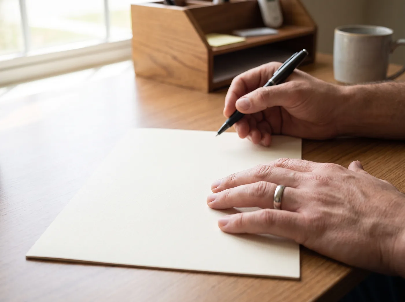 Hands reviewing a printed service agreement on a desk