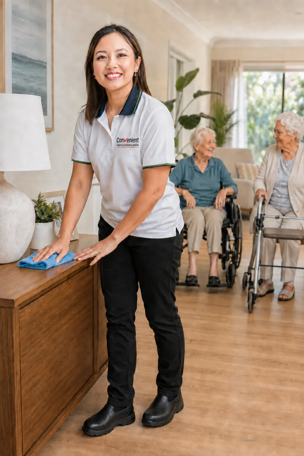 Cleaner dusting a sideboard in an accessible home while residents chat in the living area