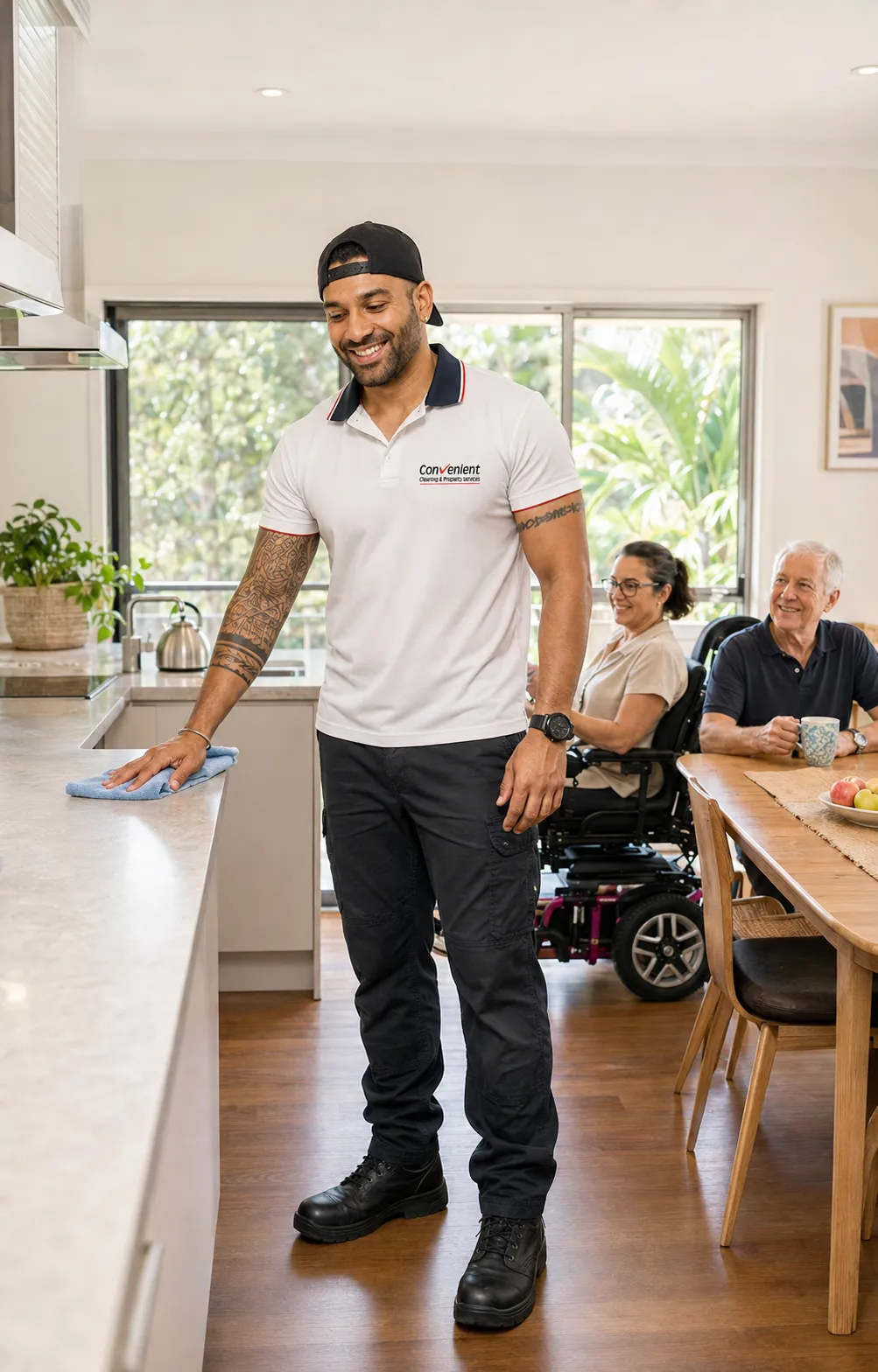 Cleaner wiping down a kitchen benchtop while clients enjoy a cuppa at the dining table