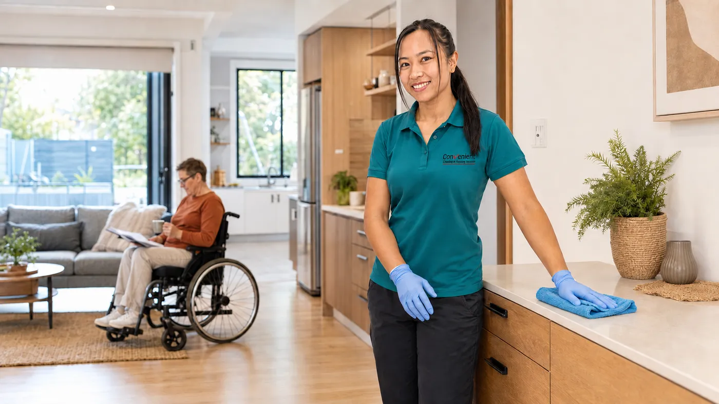 Cleaner wiping down a kitchen benchtop in an accessible Melbourne home