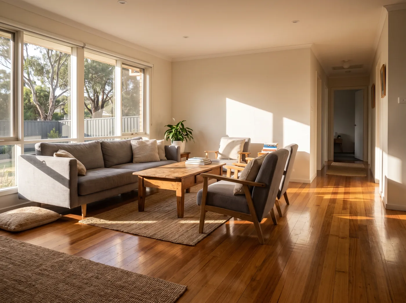 A freshly cleaned living area with wide clear walkways in a Melbourne home