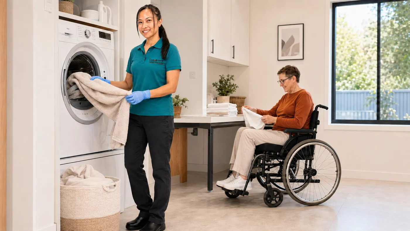 Support worker unloading towels from a washing machine while a client folds laundry nearby