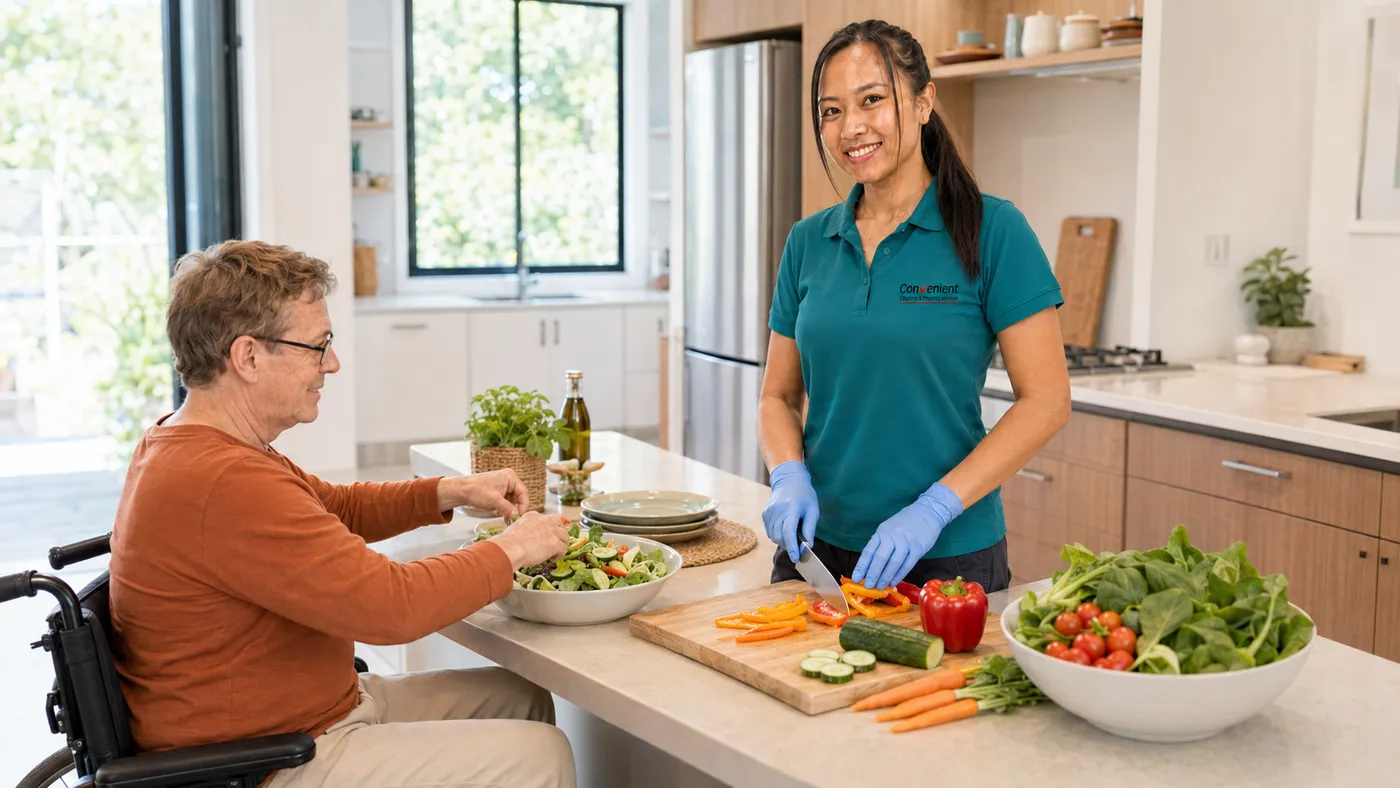 Support worker preparing a fresh salad with a client at the kitchen bench in a Melbourne home