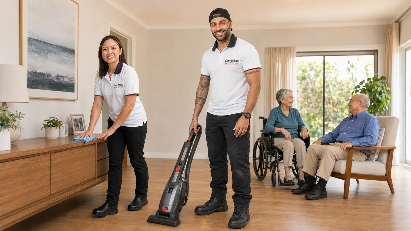 Two Convenient Property cleaners dusting and vacuuming a living room while residents relax nearby