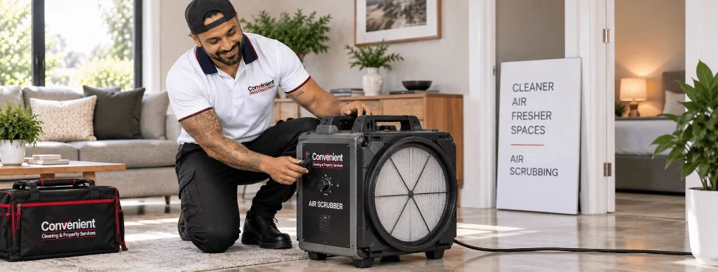 Convenient Property technician setting up an air scrubber in a Melbourne living room