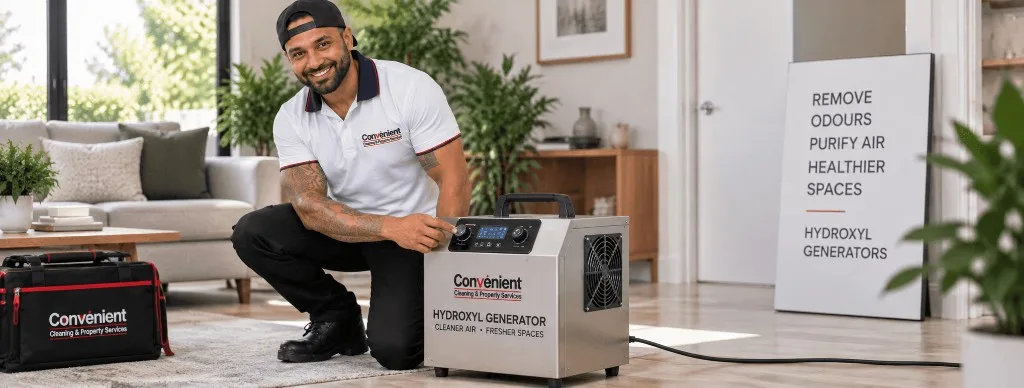 Convenient Property technician setting a hydroxyl generator in a Melbourne living room