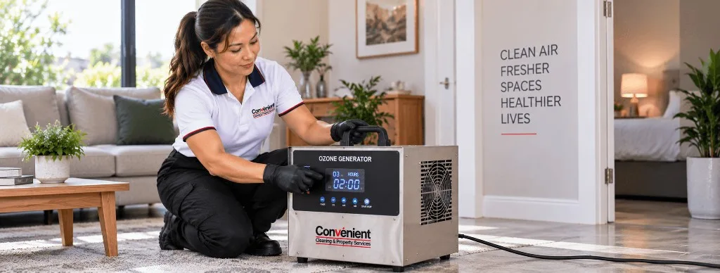Convenient Property technician setting an ozone generator in a Melbourne living room