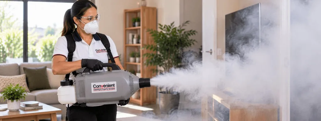 Convenient Property technician thermal fogging a Melbourne living room with a backpack fogger
