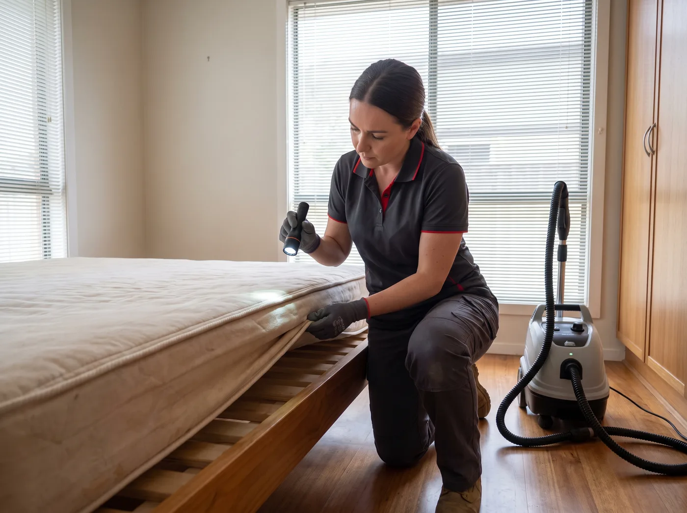 Technician inspecting a mattress seam with an inspection light