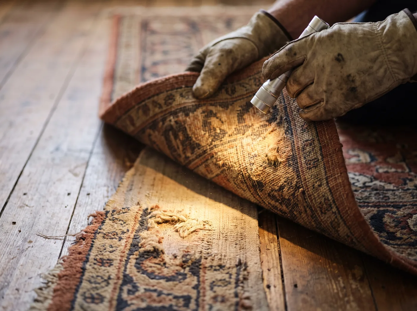 Technician inspecting the edge of a wool rug for carpet beetle damage