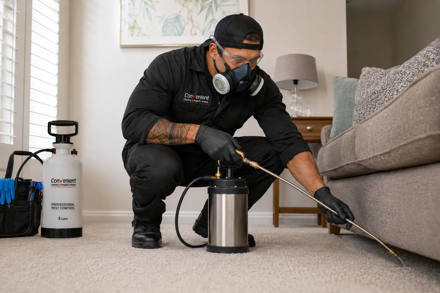 Pest technician in a respirator spraying a flea treatment along the carpet edge beneath a sofa