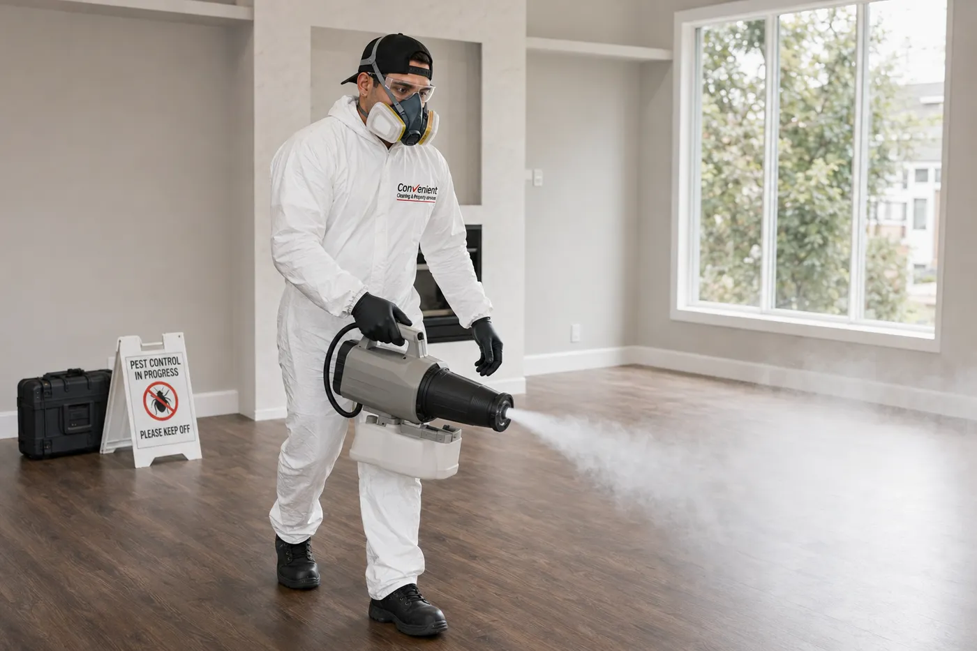 Pest technician in protective coveralls treating a vacant Melbourne rental between tenants