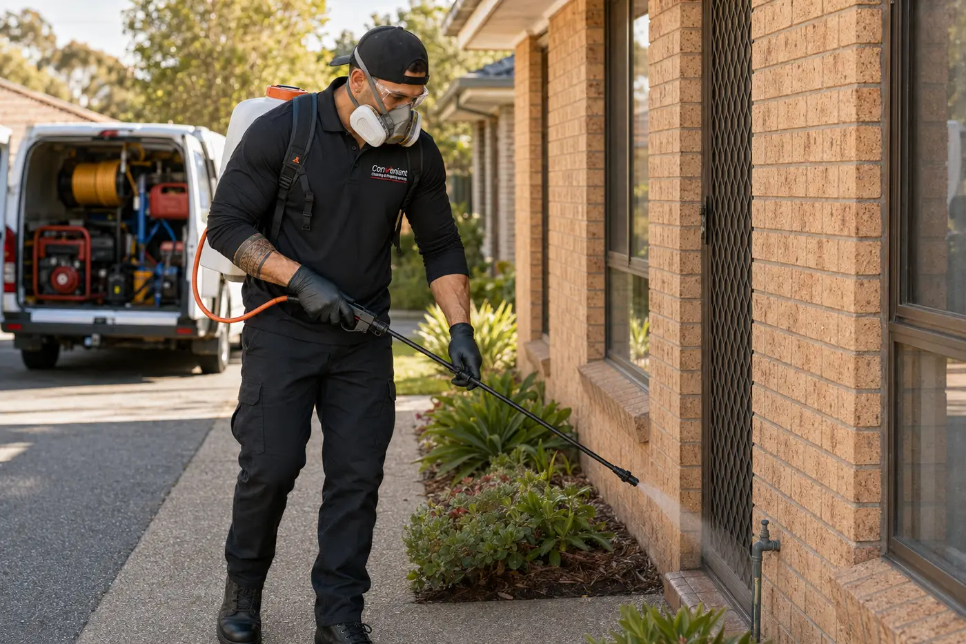Pest technician spraying a perimeter treatment along the garden bed of a Melbourne home