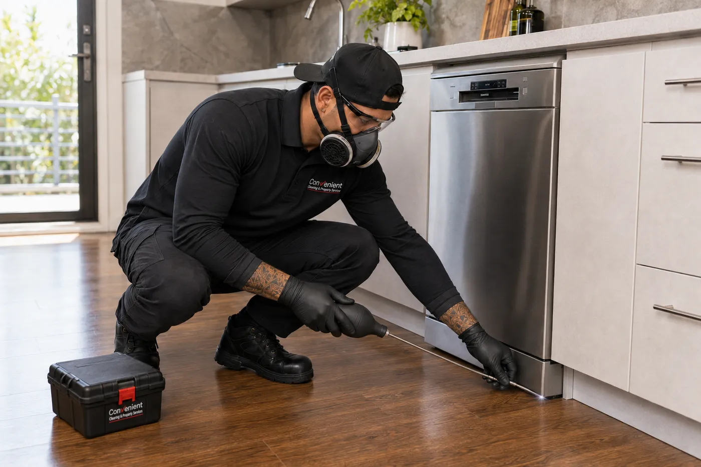Technician treating the concealed gap beneath a kitchen appliance — the harbourage a surface spray never reaches