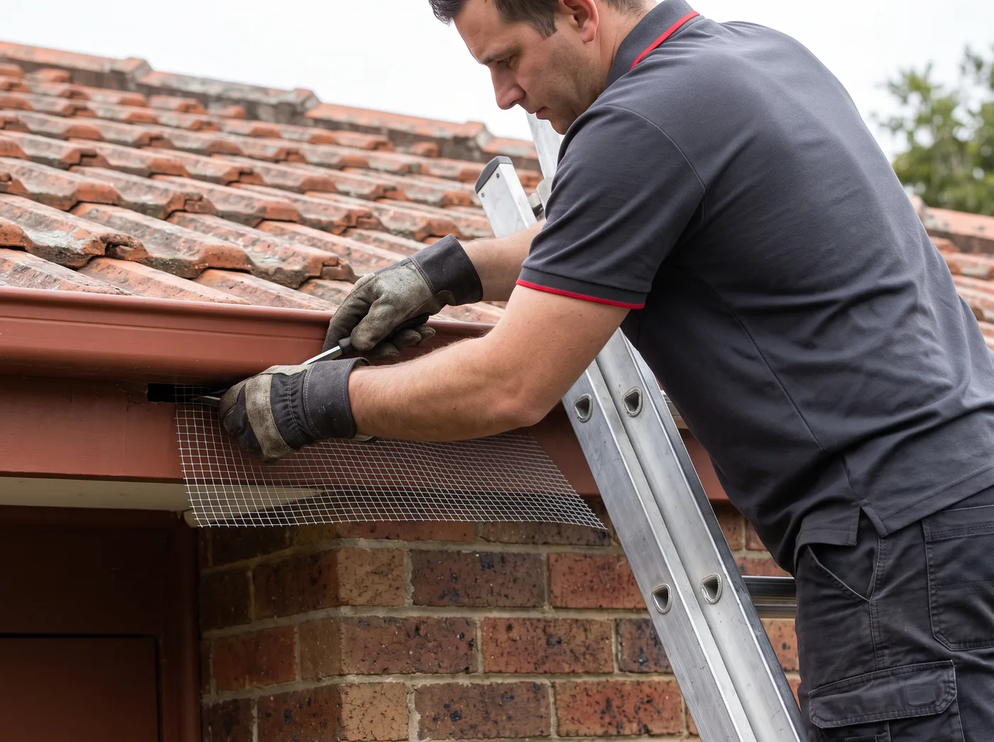 Technician fitting steel mesh to seal a rodent entry gap at a roof eave