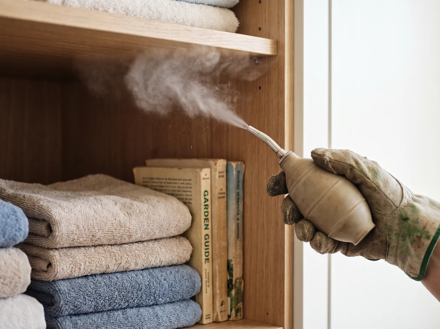 Technician applying insecticidal dust into the joints of a linen cupboard
