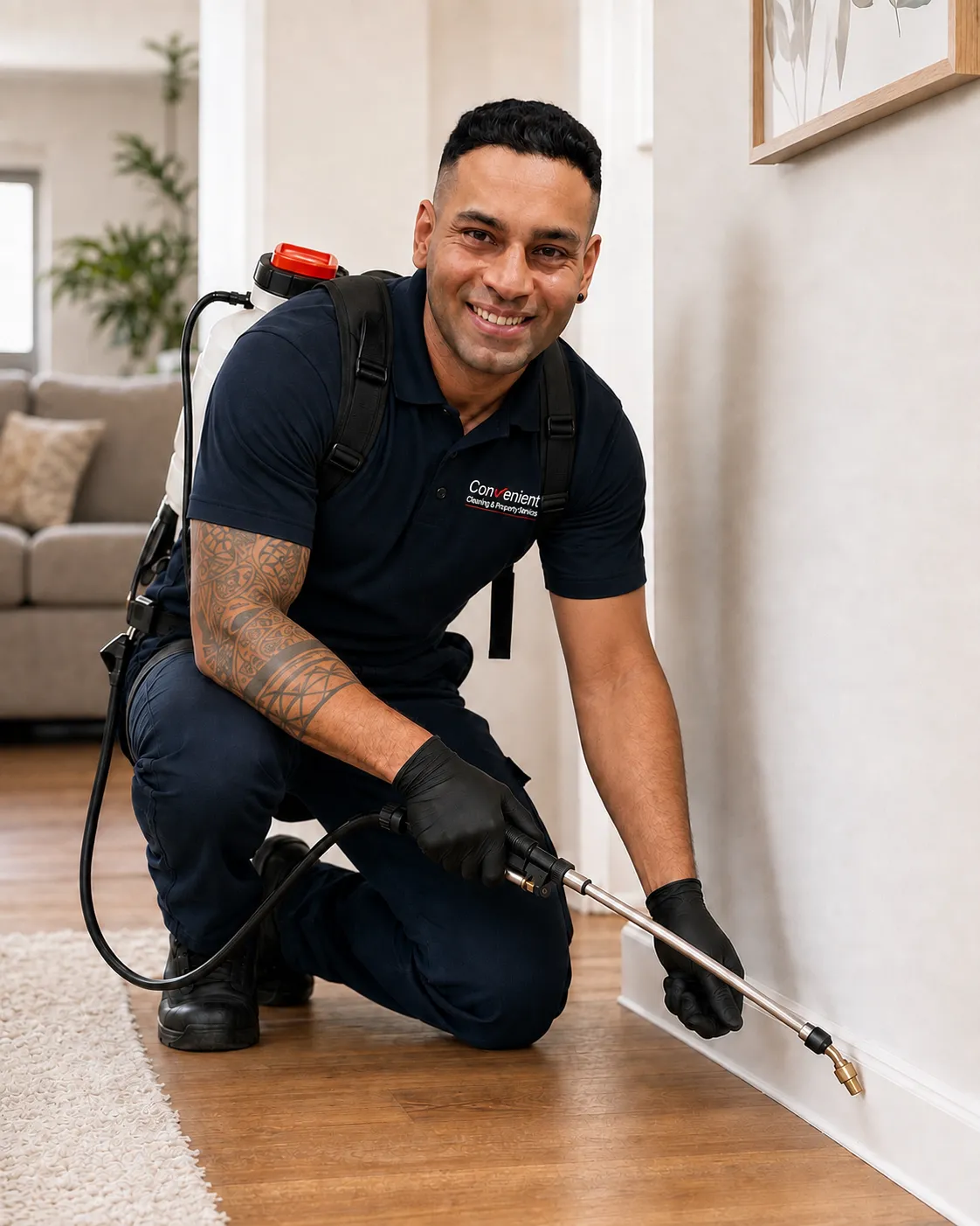 Pest technician applying a spider treatment along a skirting board inside a Melbourne home