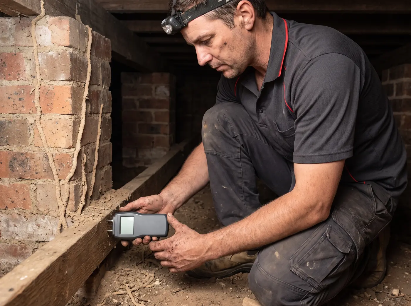 Licensed technician checking a subfloor timber bearer with a moisture meter