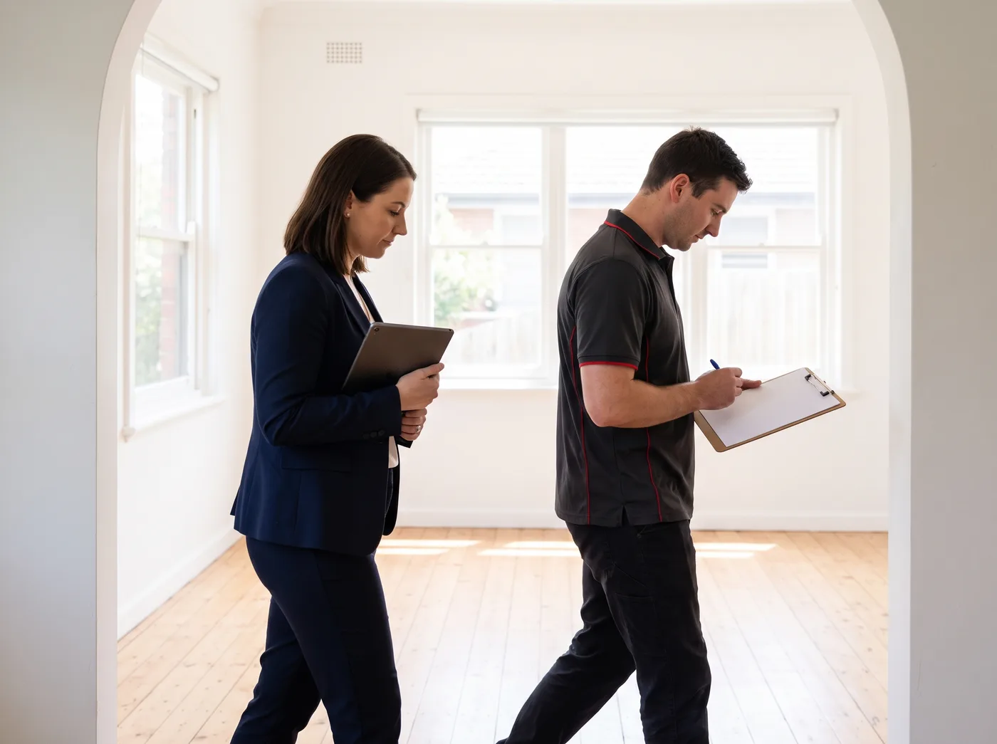 Property manager and service coordinator inspecting an empty rental between tenants
