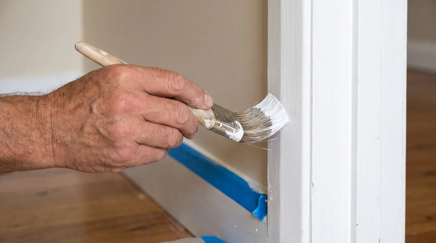 Painter cutting in a clean edge along a door frame with an angled brush