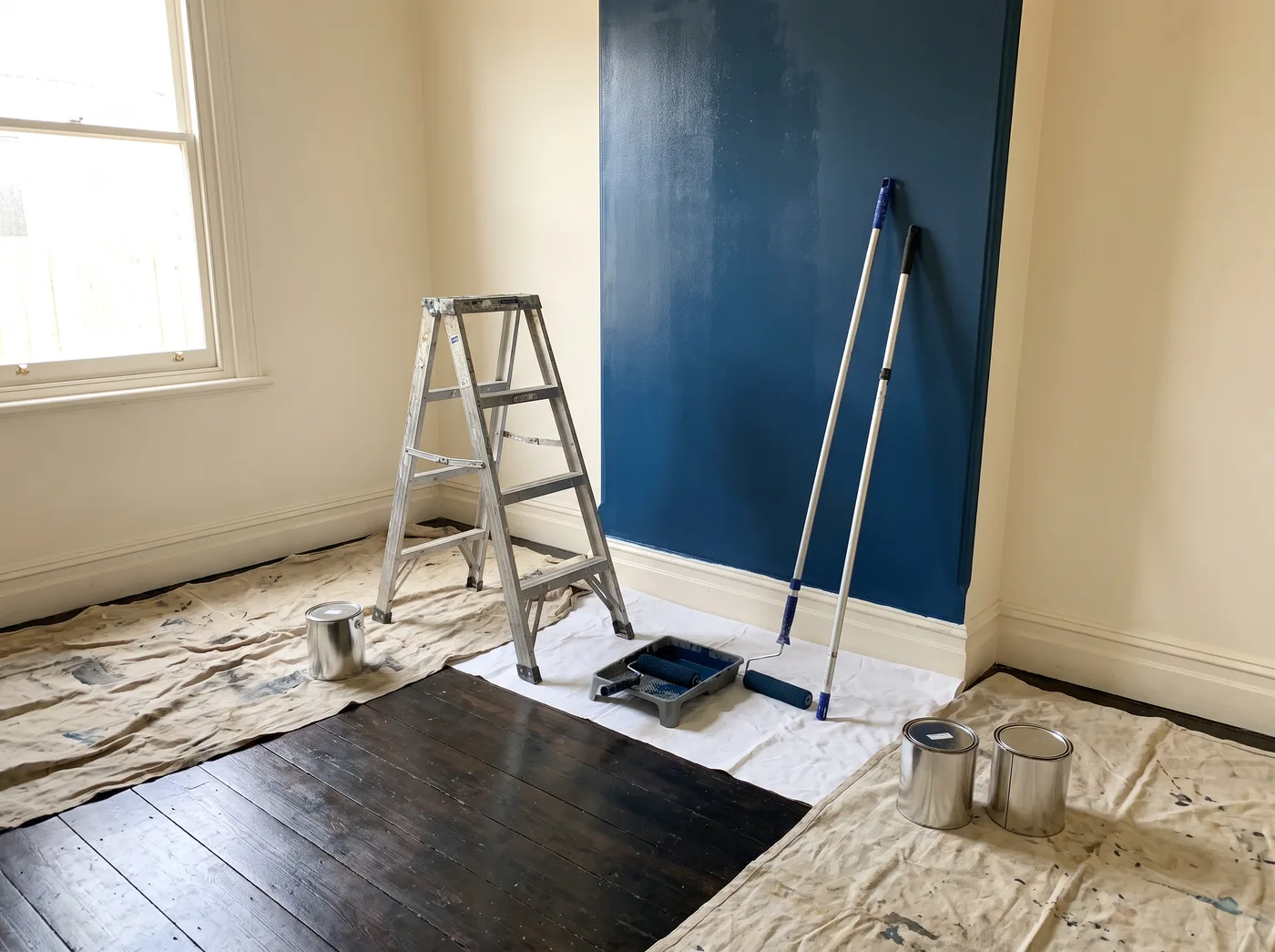 Drop sheets and painting equipment set out in an empty room mid repaint