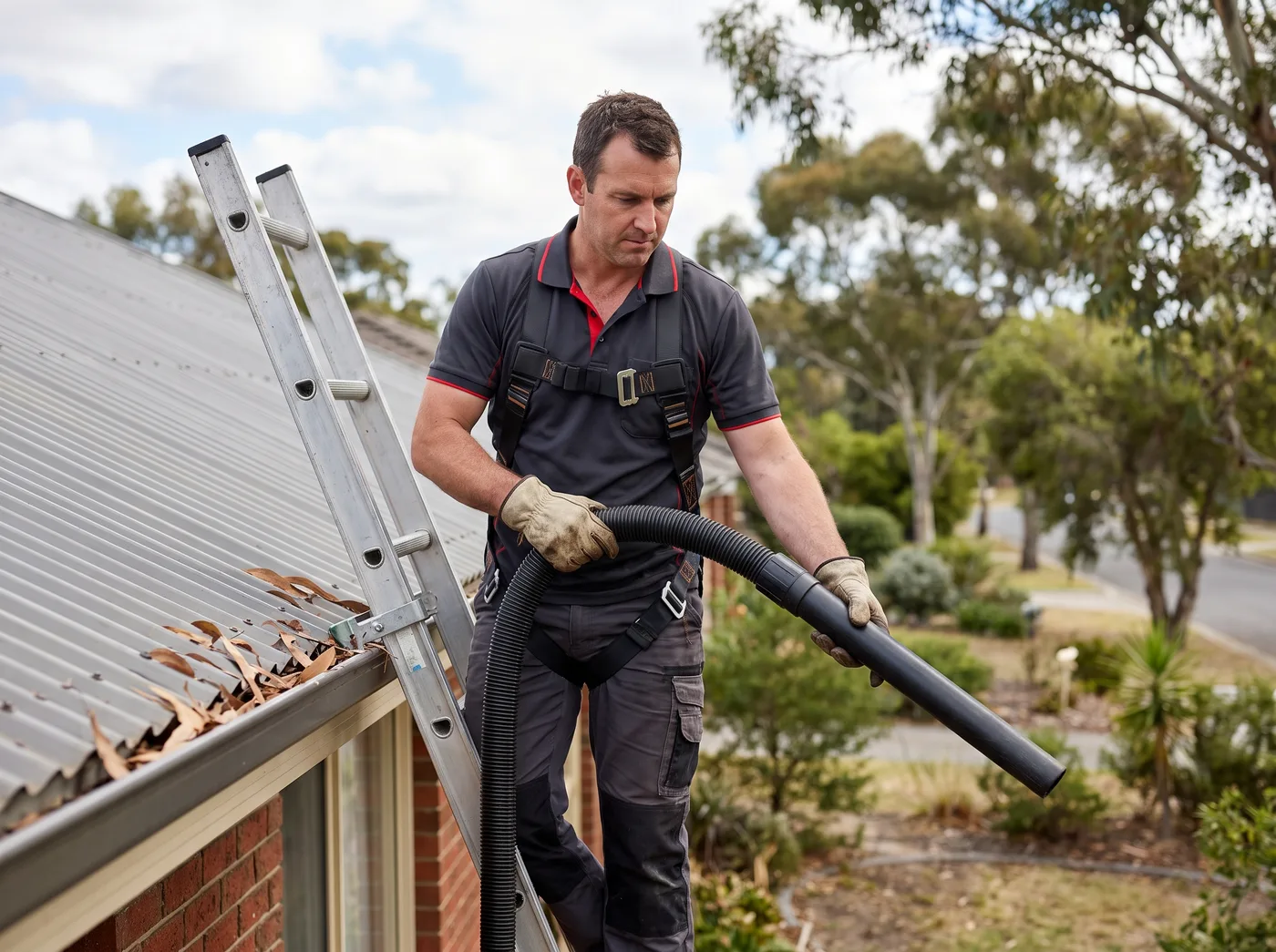 Technician clearing gutters from a ladder with a gutter vacuum on a Melbourne home