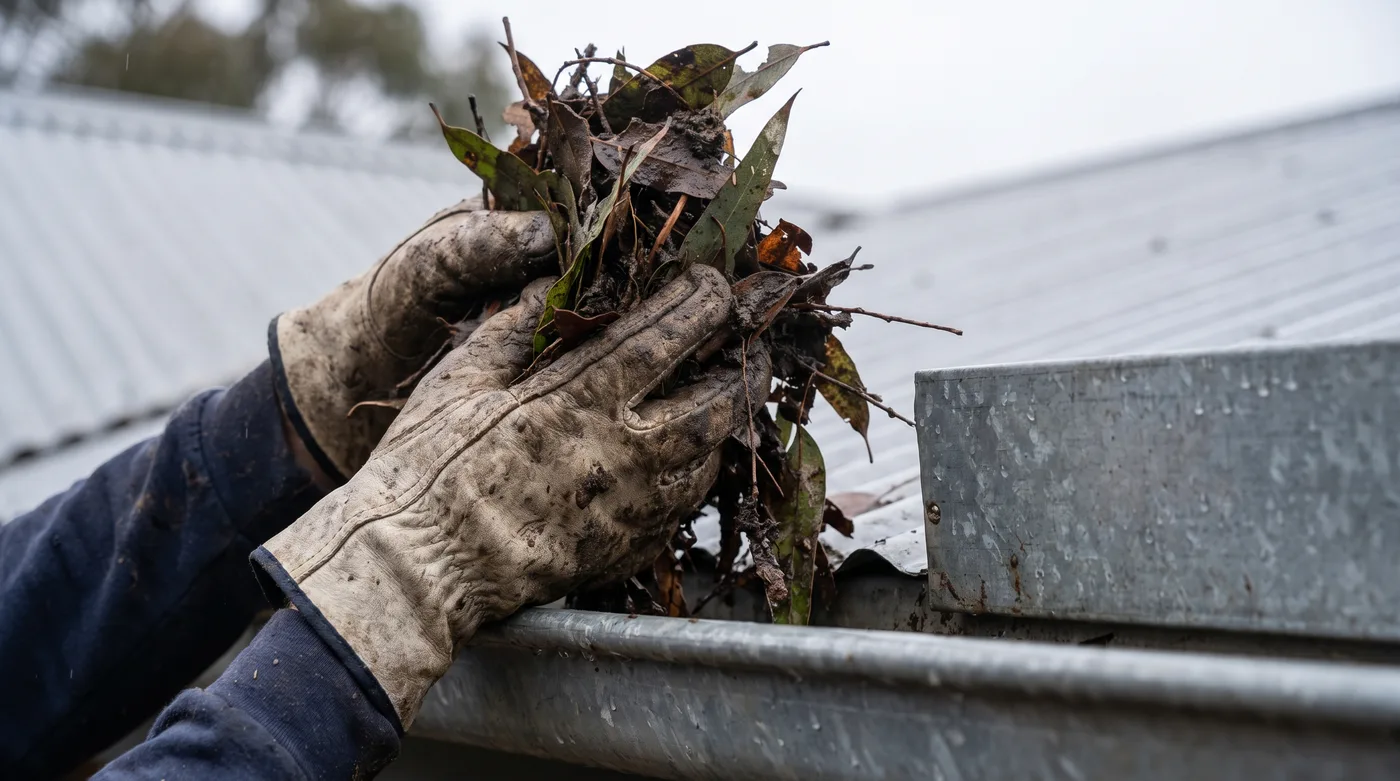 Gloved hands lifting wet leaf litter from a roof gutter