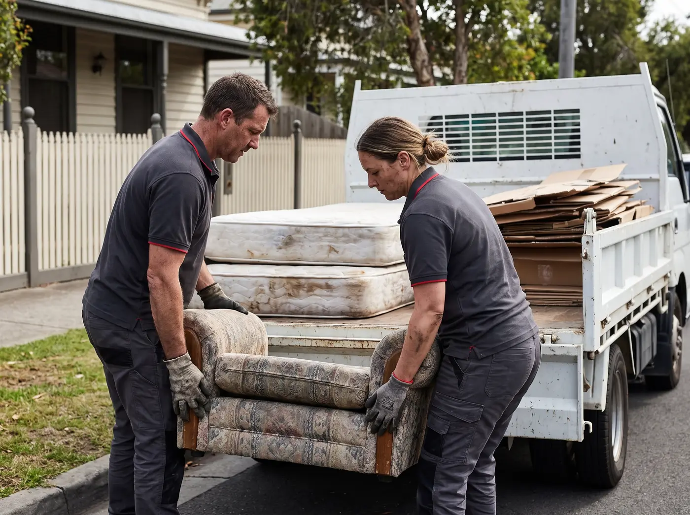 Team loading unwanted furniture into a removal truck outside a Melbourne property