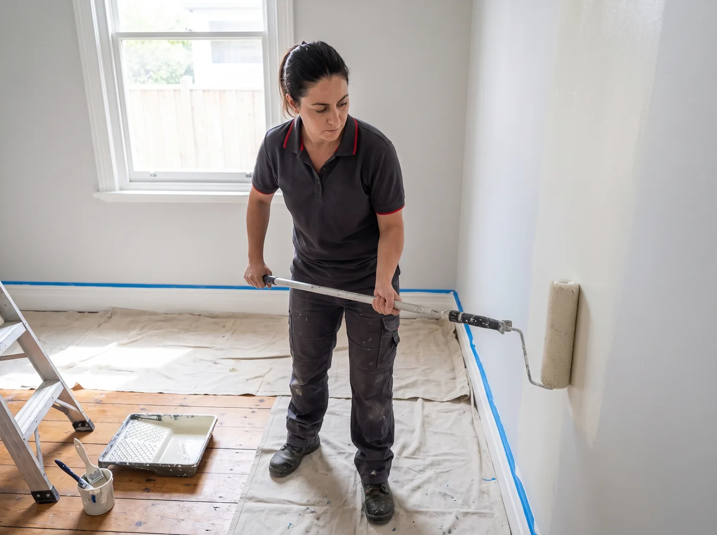 Painter rolling a fresh coat onto an interior wall of an empty Melbourne rental