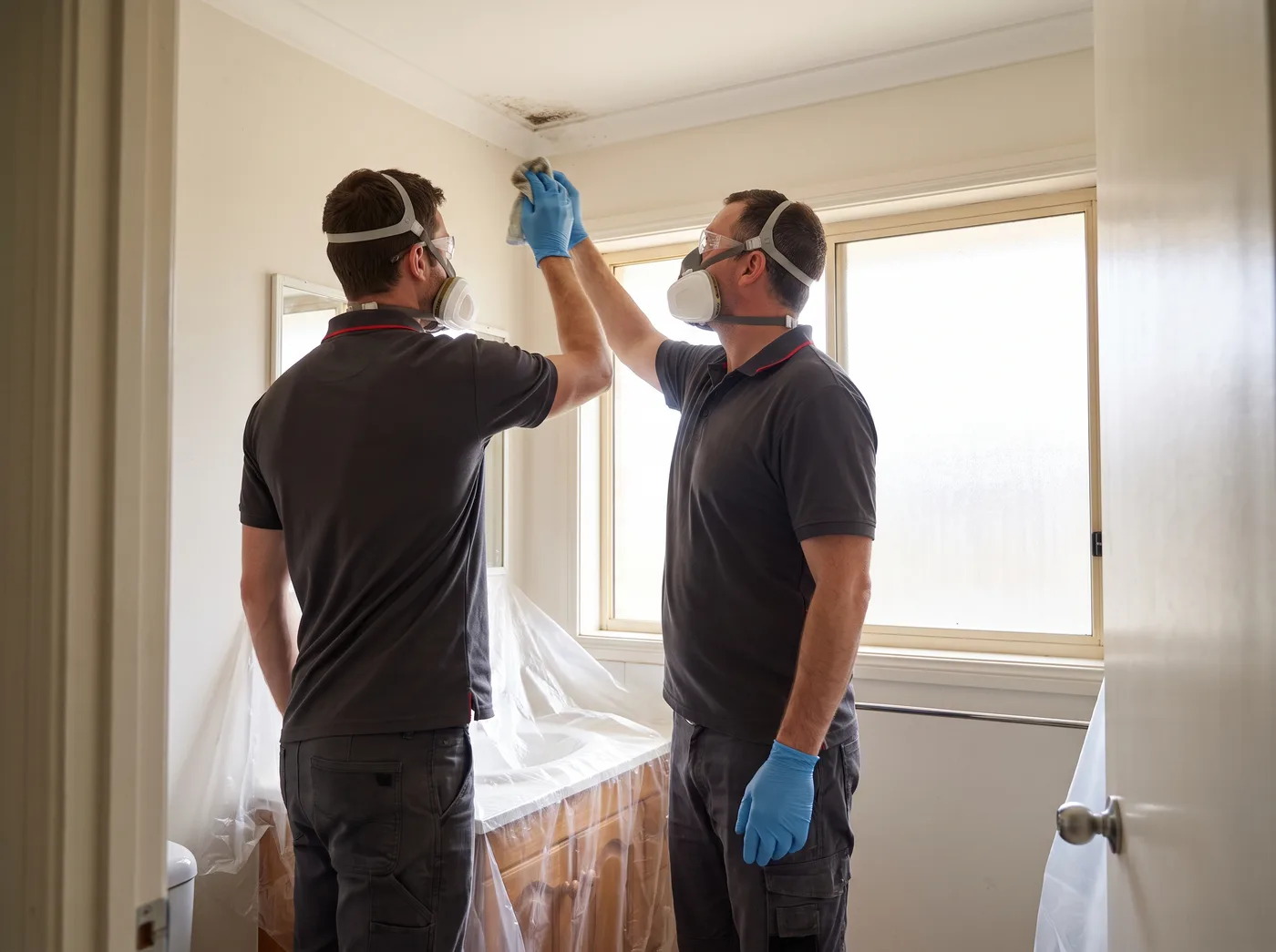 Mould remediation technician treating an affected bathroom wall