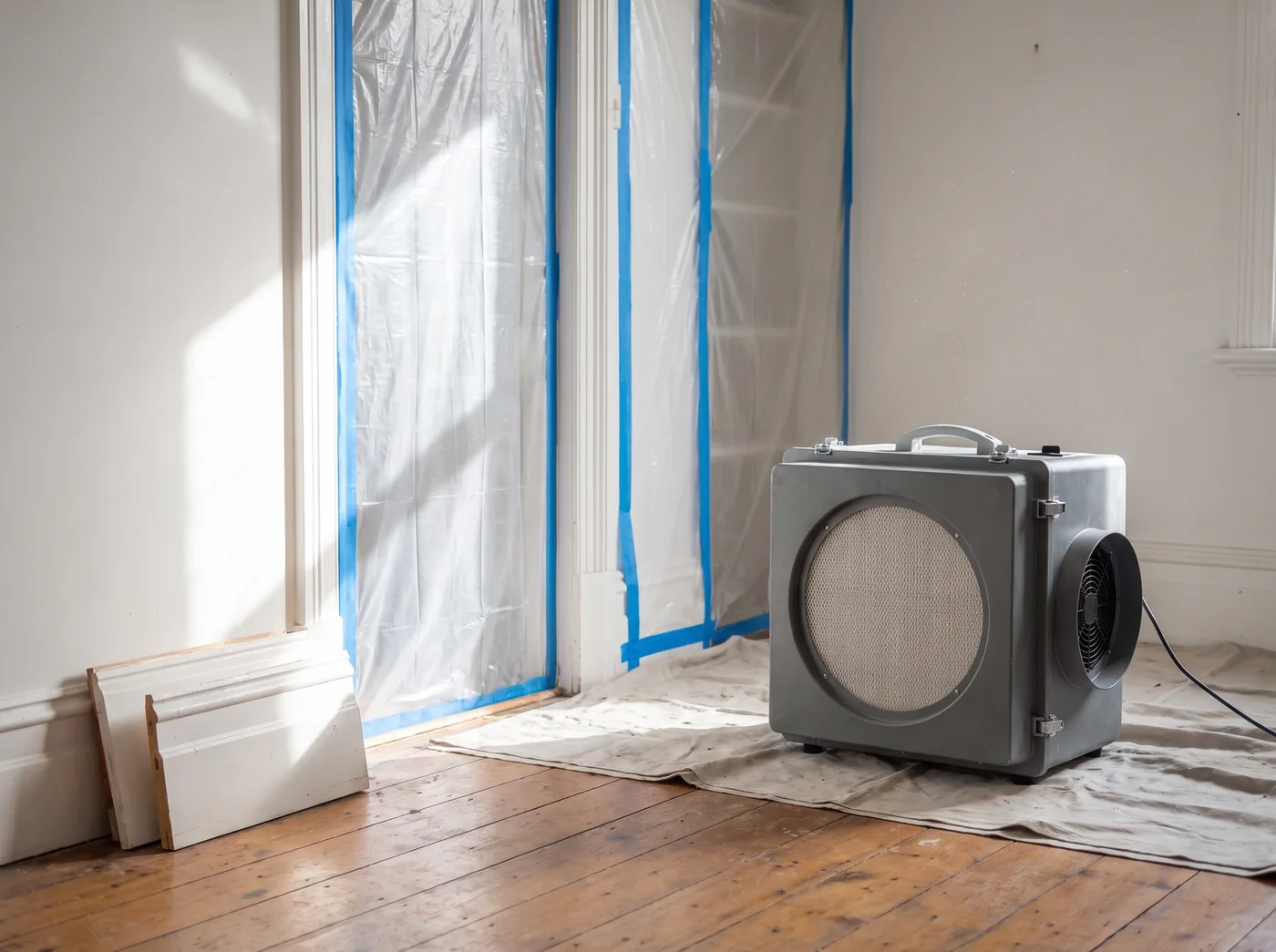 HEPA air scrubber and containment sheeting set up in an affected room