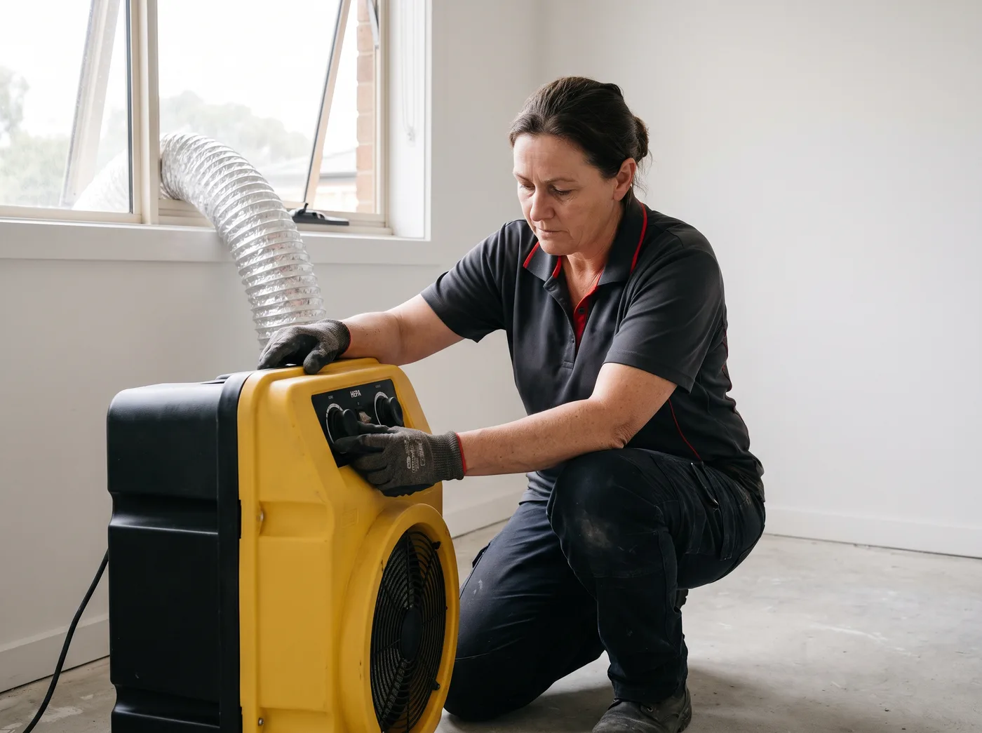 Technician setting up a HEPA air scrubber in an empty room for odour treatment