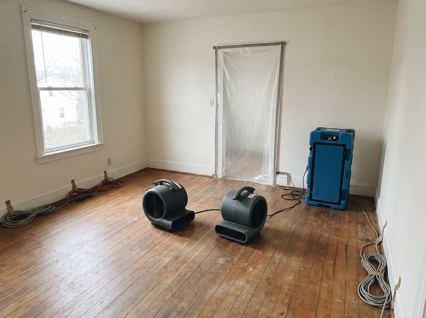 Air movers and an air scrubber positioned in a sealed empty room