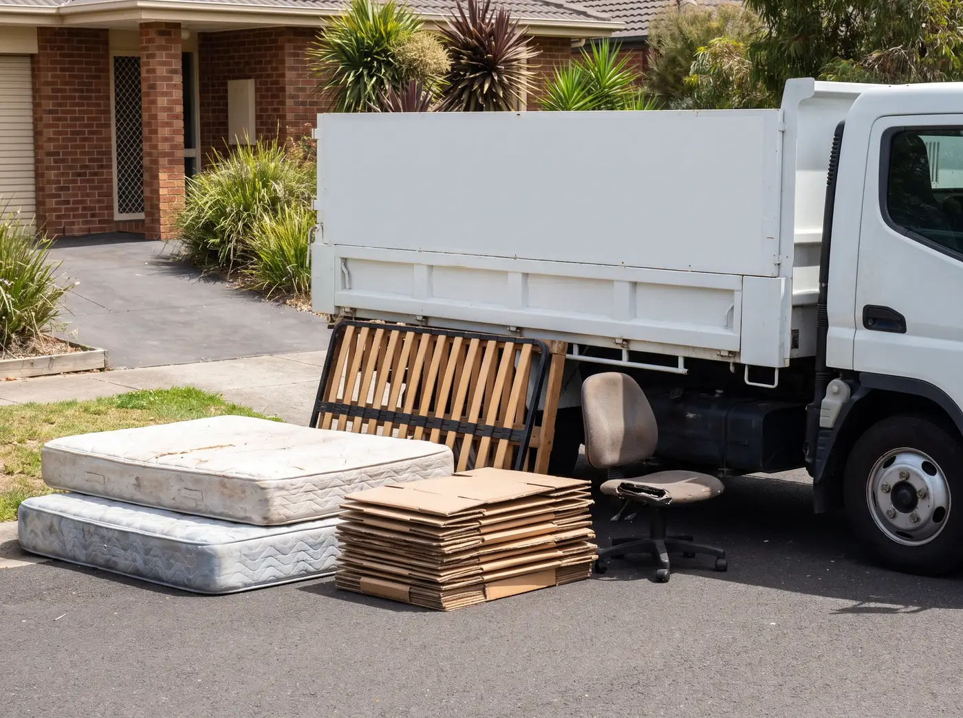 Sorted household items stacked ready for removal on a Melbourne driveway