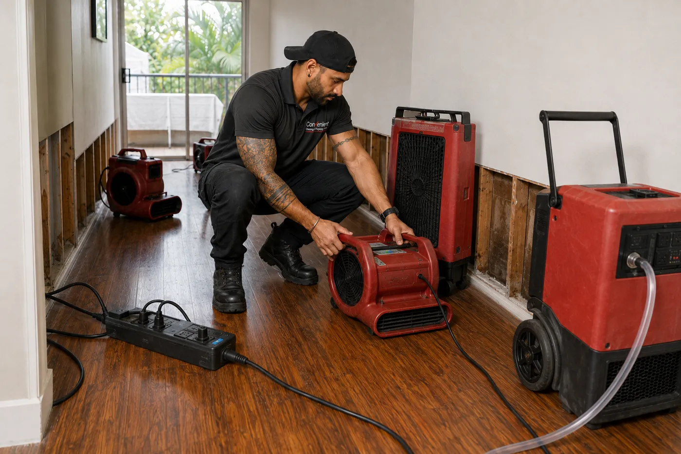 Technician positioning air movers and dehumidifiers along a hallway with flood-cut walls