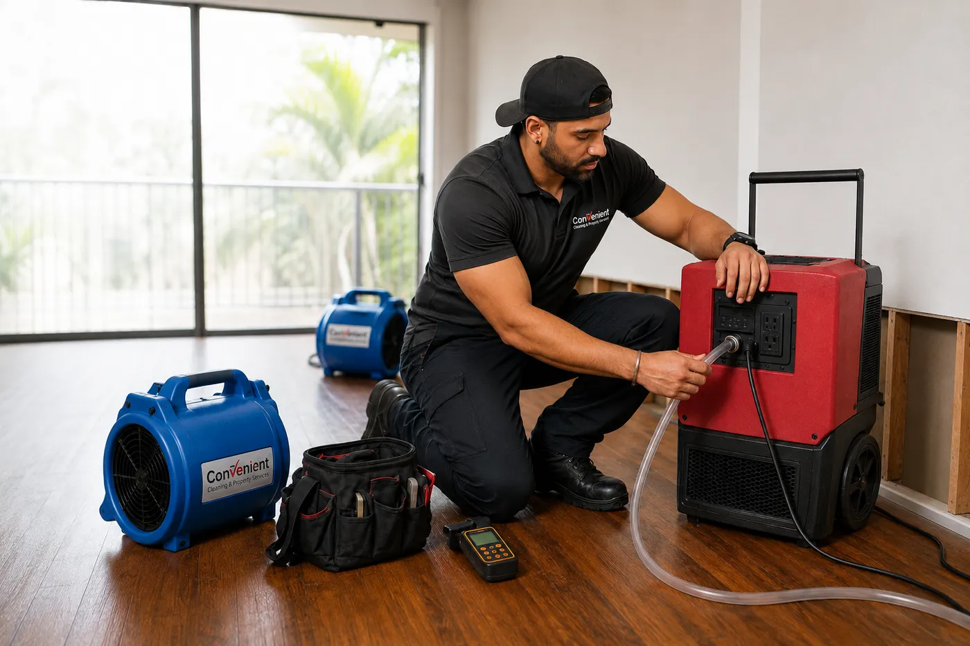 Technician setting up a commercial dehumidifier with air movers in a water damaged room