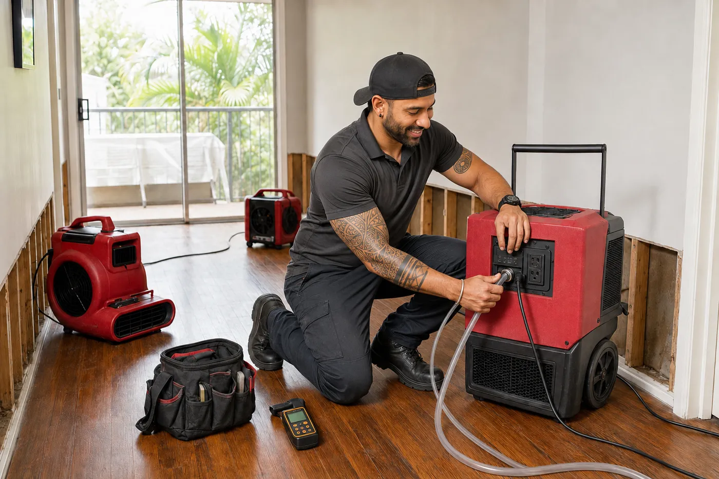 Technician connecting the drain hose to a commercial dehumidifier during structural drying