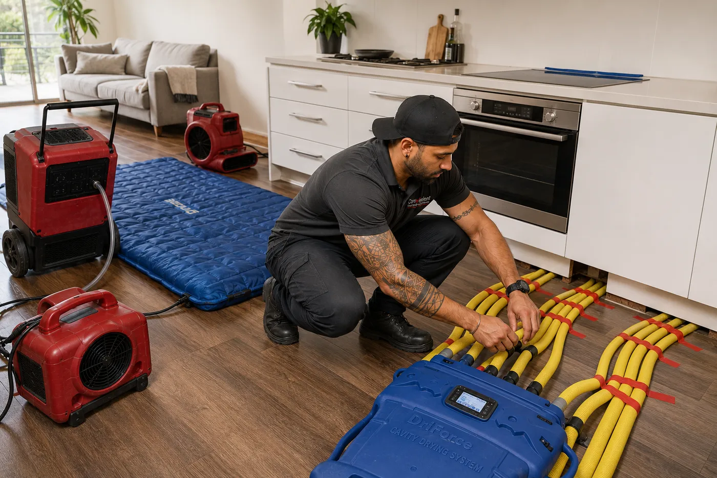 Technician connecting a cavity drying system to hoses running under kitchen cabinetry