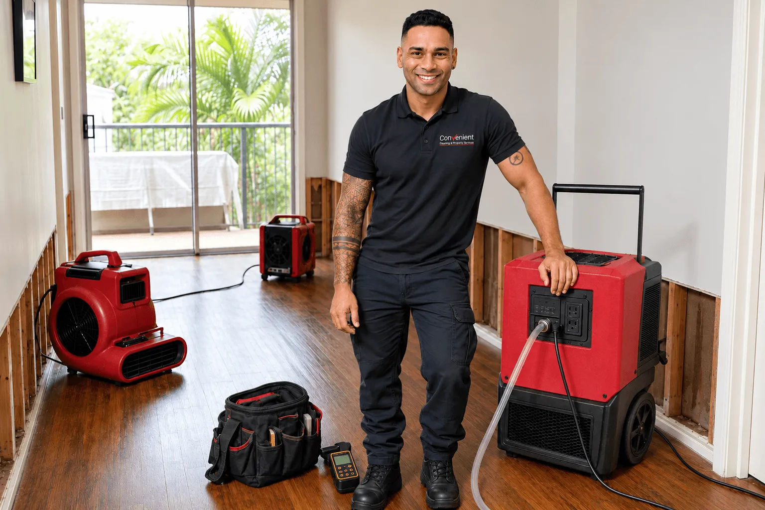 Convenient Property water restoration technician beside a dehumidifier and air mover in a water damaged room
