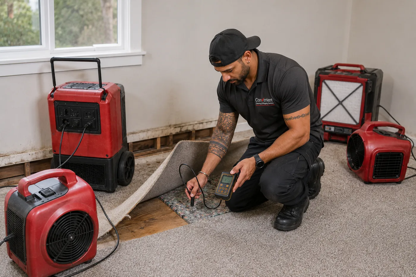 Technician lifting wet carpet to check the underlay and subfloor with a moisture meter
