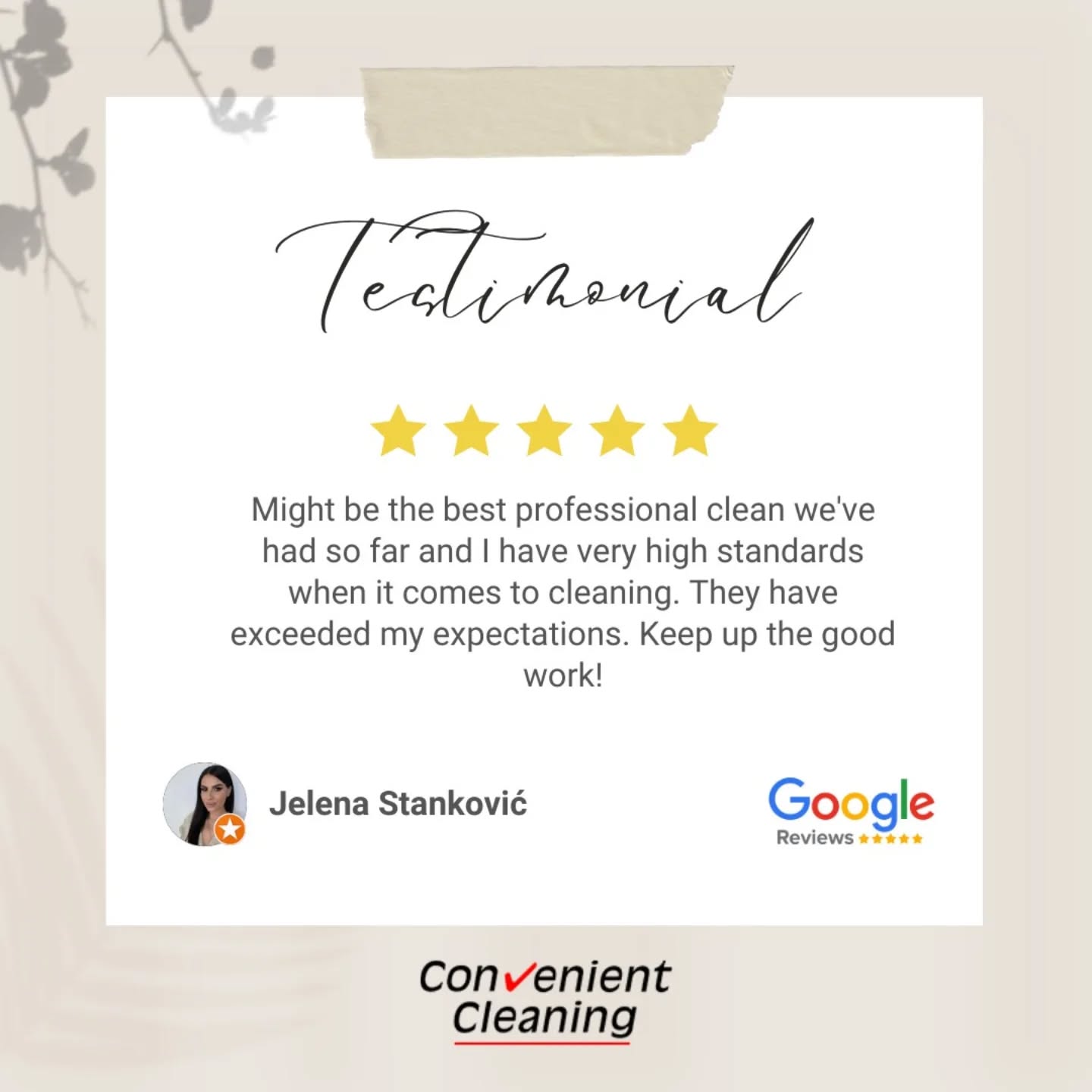 This 5-star review from Jelena Stanković made our day! We're so glad we could exceed her expectations.

https://maps.app.goo.gl/hxVRhexwQSvBfS1QA

#SatisfiedCustomer #CleaningCompany #CleanLiving #convenientcleaning